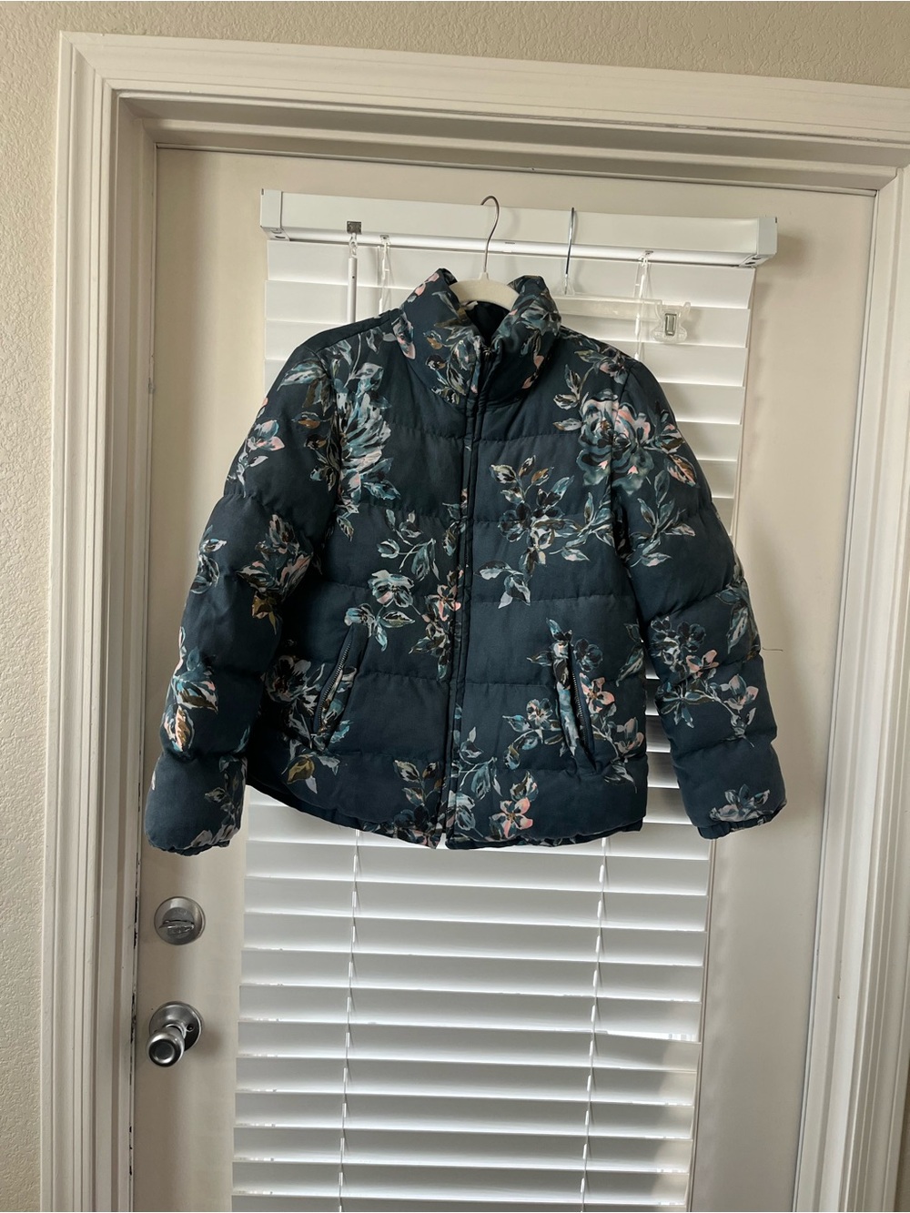 Anthropologie Teal Floral Puffer Jacket